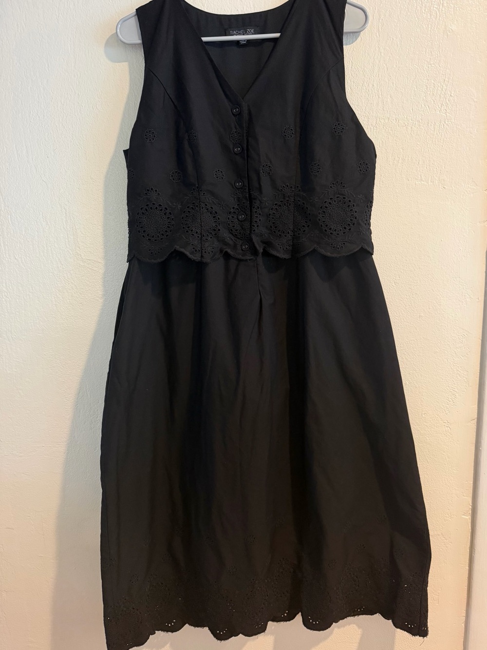 Rachel Zoe Black Eyelet Embroidered Button Front Midi Dress Size L Cottagecore